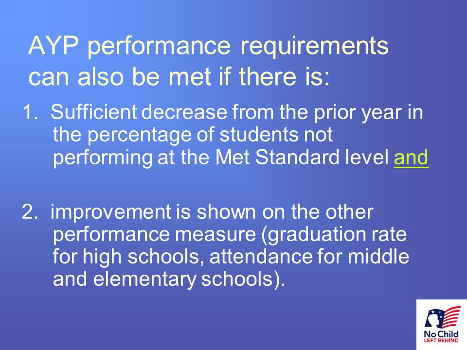9 # AYP performance requirements can also be met if there is: 1.