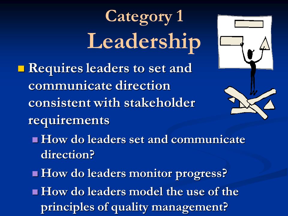 Category 1 Leadership Requires leaders to set and communicate direction consistent with stakeholder requirements How do leaders set and communicate direction.