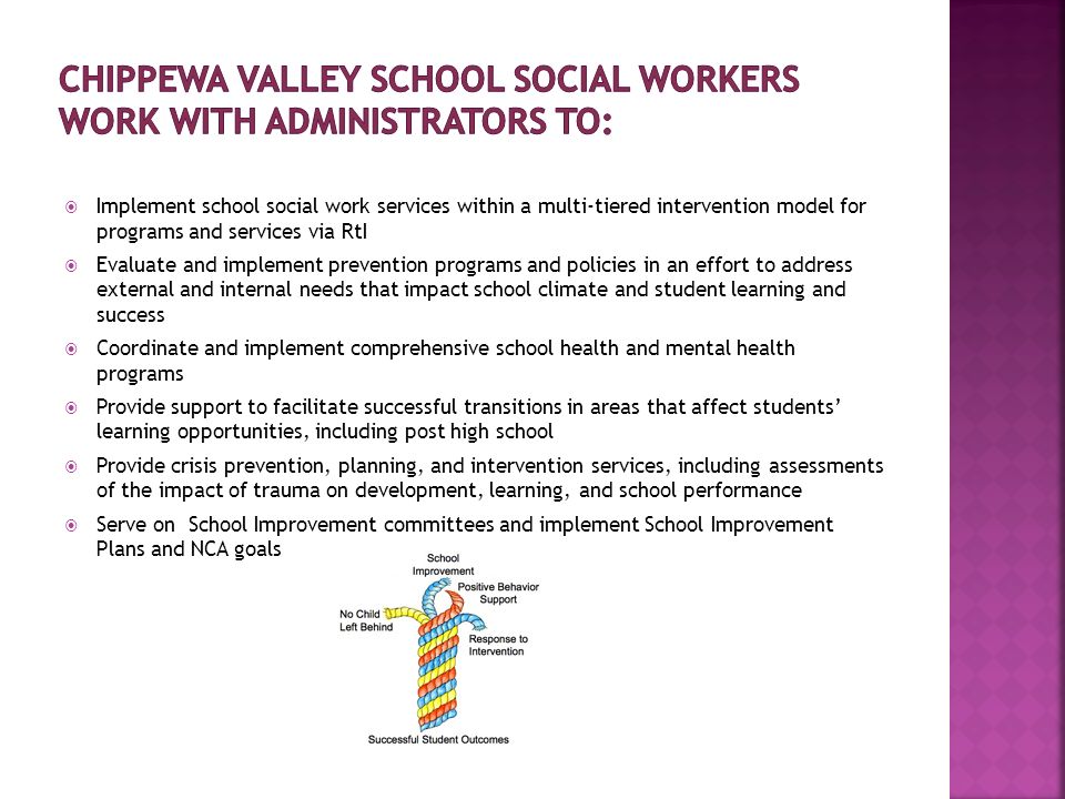 Implement school social work services within a multi-tiered intervention model for programs and services via RtI Evaluate and implement prevention programs and policies in an effort to address external and internal needs that impact school climate and student learning and success Coordinate and implement comprehensive school health and mental health programs Provide support to facilitate successful transitions in areas that affect students learning opportunities, including post high school Provide crisis prevention, planning, and intervention services, including assessments of the impact of trauma on development, learning, and school performance Serve on School Improvement committees and implement School Improvement Plans and NCA goals