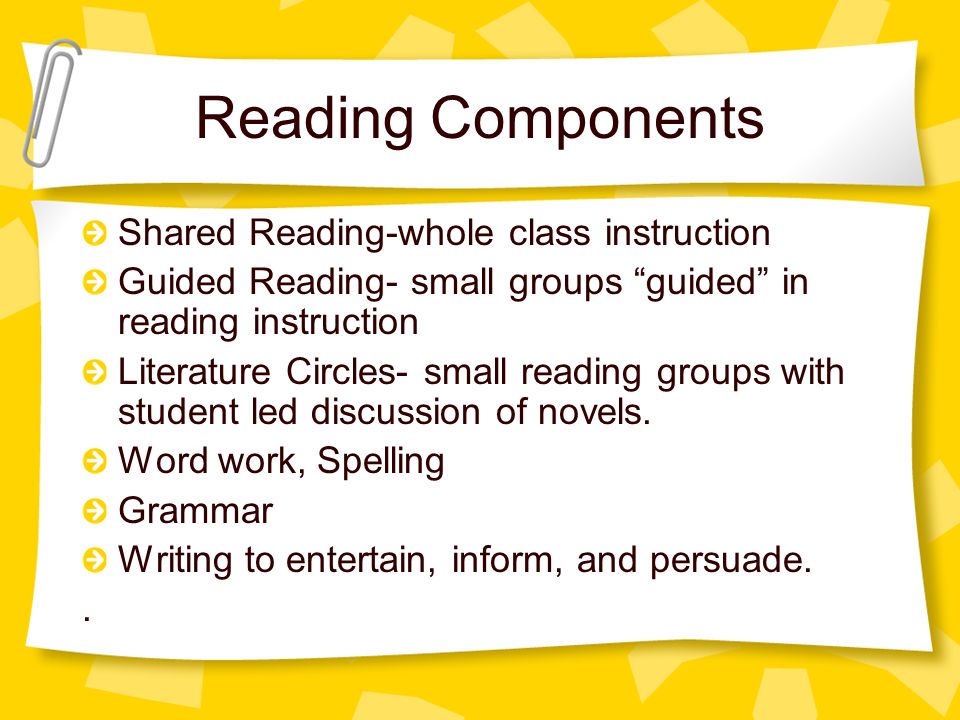 Reading Components Shared Reading-whole class instruction Guided Reading- small groups guided in reading instruction Literature Circles- small reading groups with student led discussion of novels.