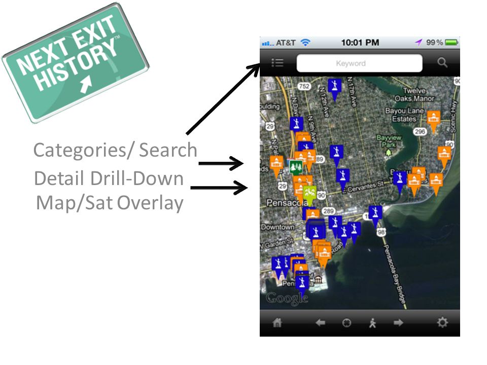 Detail Drill-Down Categories/ Search Map/Sat Overlay