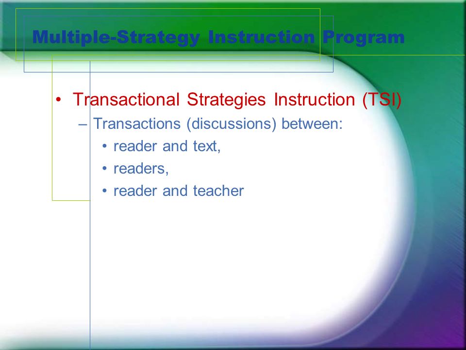 Multiple-Strategy Instruction Program Transactional Strategies Instruction (TSI) –Transactions (discussions) between: reader and text, readers, reader and teacher