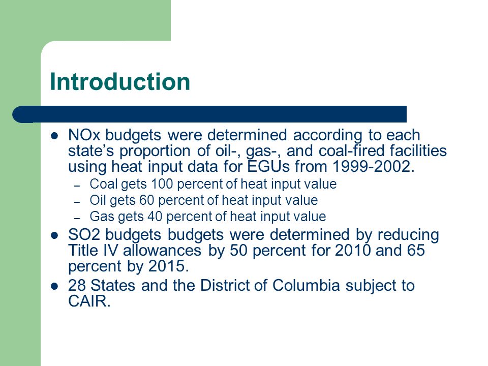Introduction NOx budgets were determined according to each states proportion of oil-, gas-, and coal-fired facilities using heat input data for EGUs from