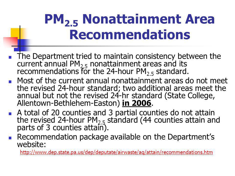 PM 2.5 Nonattainment Area Recommendations The Department tried to maintain consistency between the current annual PM 2.5 nonattainment areas and its recommendations for the 24-hour PM 2.5 standard.