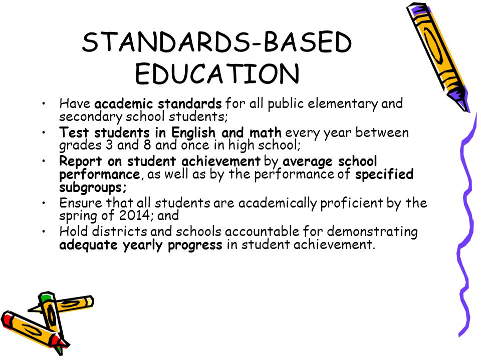 STANDARDS-BASED EDUCATION Have academic standards for all public elementary and secondary school students; Test students in English and math every year between grades 3 and 8 and once in high school; Report on student achievement by average school performance, as well as by the performance of specified subgroups; Ensure that all students are academically proficient by the spring of 2014; and Hold districts and schools accountable for demonstrating adequate yearly progress in student achievement.
