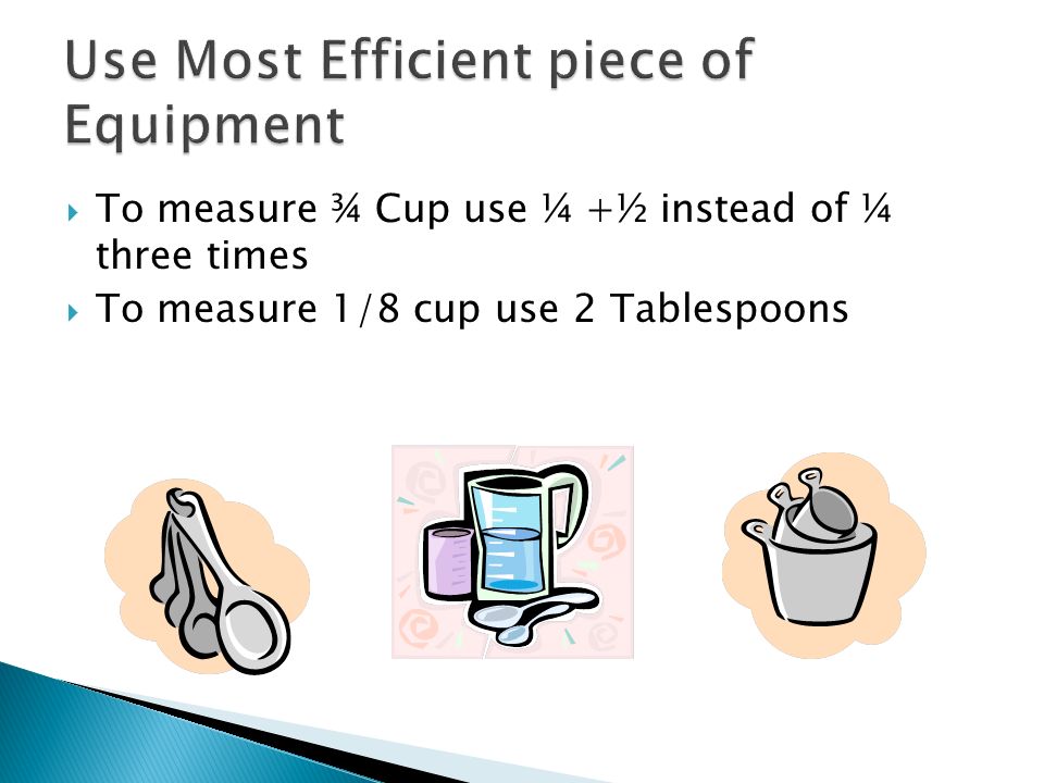 To measure ¾ Cup use ¼ +½ instead of ¼ three times To measure 1/8 cup use 2 Tablespoons