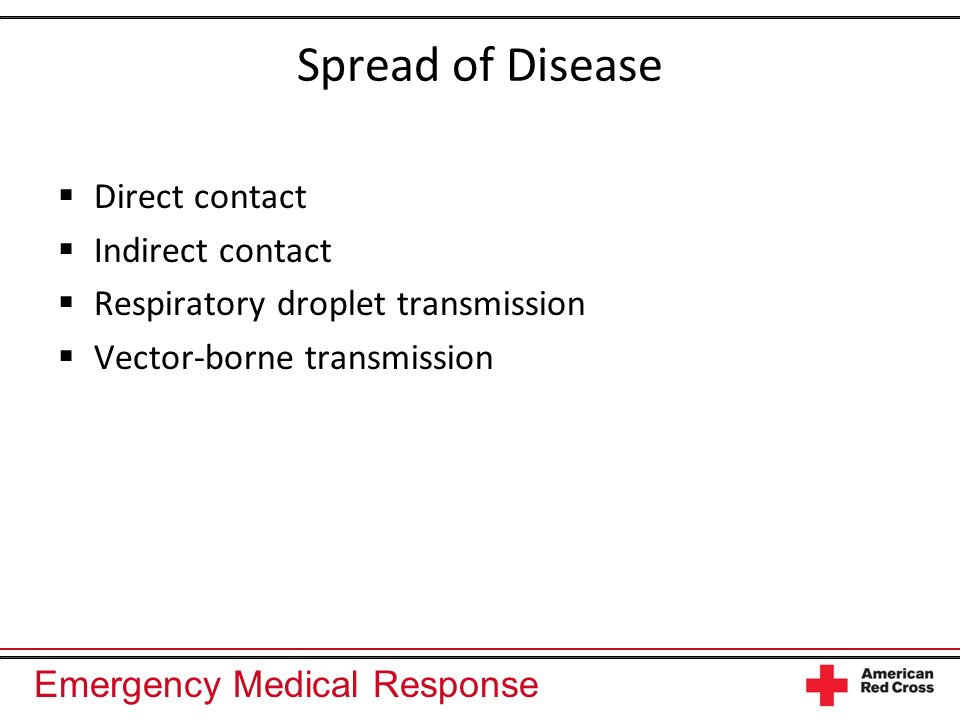Emergency Medical Response Spread of Disease Direct contact Indirect contact Respiratory droplet transmission Vector-borne transmission