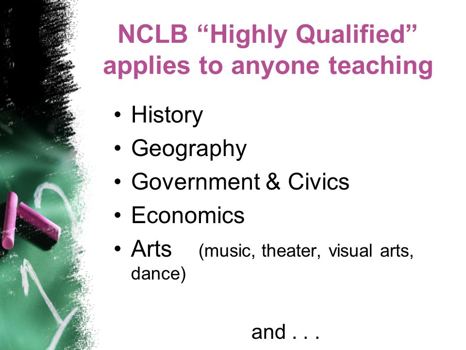 NCLB Highly Qualified applies to anyone teaching History Geography Government & Civics Economics Arts (music, theater, visual arts, dance) and...