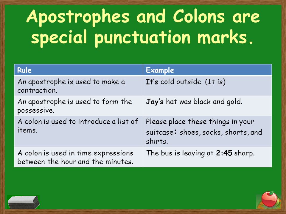 Apostrophes and Colons are special punctuation marks.