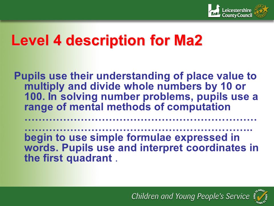 Level 4 description for Ma2 Pupils use their understanding of place value to multiply and divide whole numbers by 10 or 100.