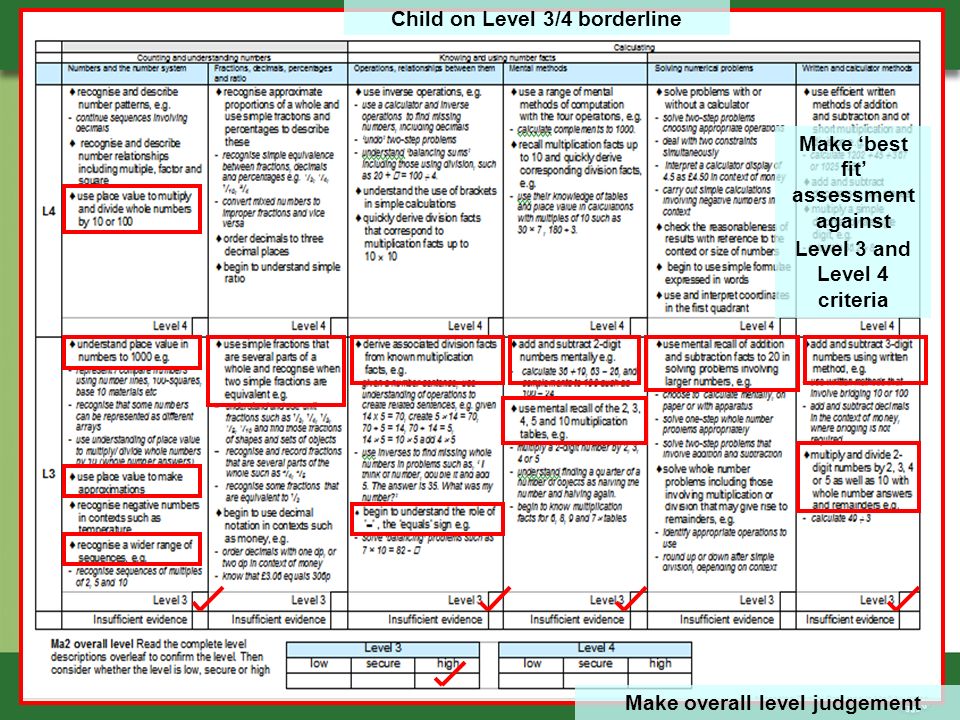 Make overall level judgement Child on Level 3/4 borderline Make best fit assessment against Level 3 and Level 4 criteria