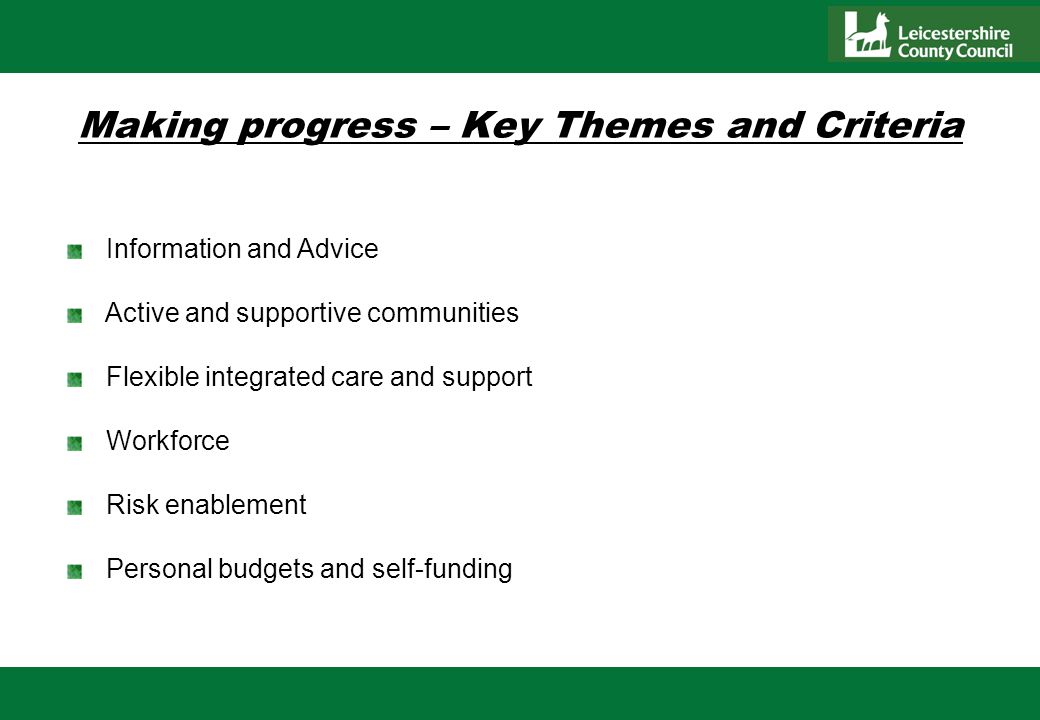 Making progress – Key Themes and Criteria Information and Advice Active and supportive communities Flexible integrated care and support Workforce Risk enablement Personal budgets and self-funding