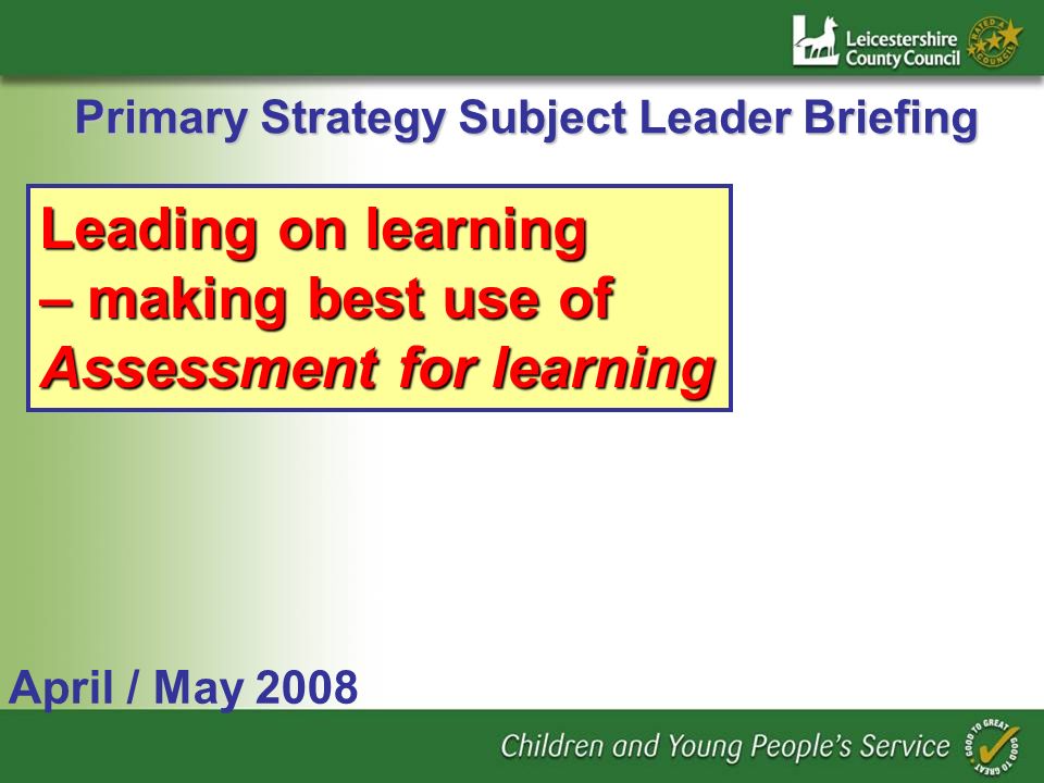 Primary Strategy Subject Leader Briefing April / May 2008 Leading on learning – making best use of Assessment for learning