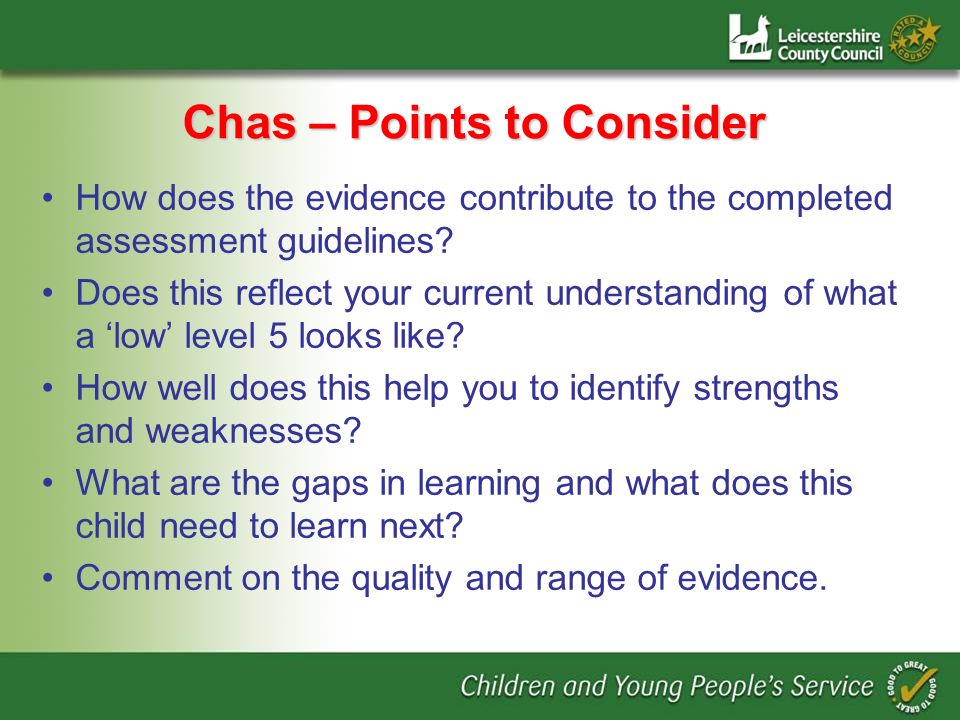 Chas – Points to Consider How does the evidence contribute to the completed assessment guidelines.