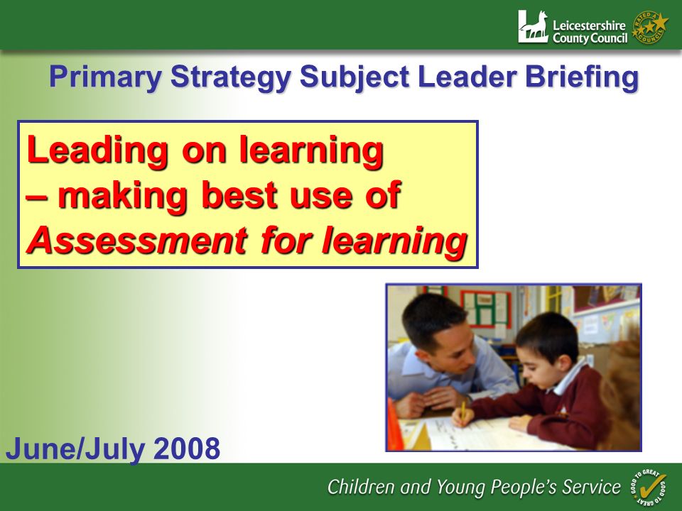 Primary Strategy Subject Leader Briefing June/July 2008 Leading on learning – making best use of Assessment for learning