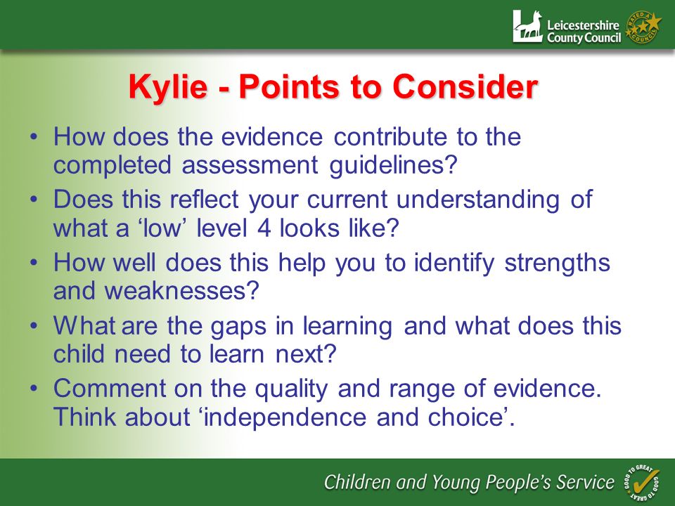 Kylie - Points to Consider How does the evidence contribute to the completed assessment guidelines.