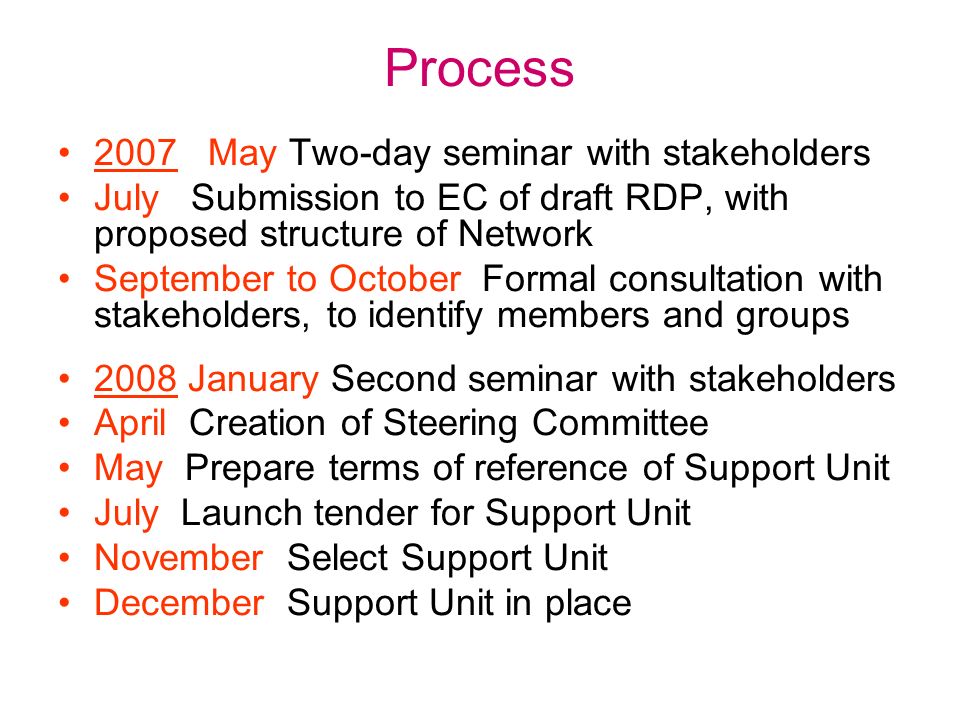 Process 2007 May Two-day seminar with stakeholders July Submission to EC of draft RDP, with proposed structure of Network September to October Formal consultation with stakeholders, to identify members and groups 2008 January Second seminar with stakeholders April Creation of Steering Committee May Prepare terms of reference of Support Unit July Launch tender for Support Unit November Select Support Unit December Support Unit in place