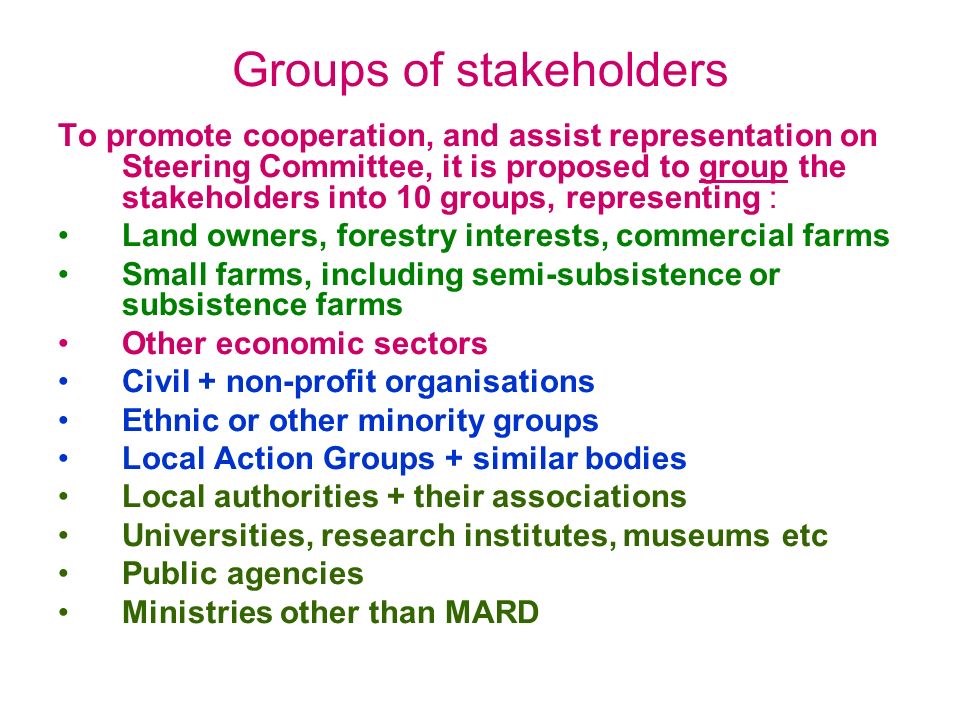 Groups of stakeholders To promote cooperation, and assist representation on Steering Committee, it is proposed to group the stakeholders into 10 groups, representing : Land owners, forestry interests, commercial farms Small farms, including semi-subsistence or subsistence farms Other economic sectors Civil + non-profit organisations Ethnic or other minority groups Local Action Groups + similar bodies Local authorities + their associations Universities, research institutes, museums etc Public agencies Ministries other than MARD