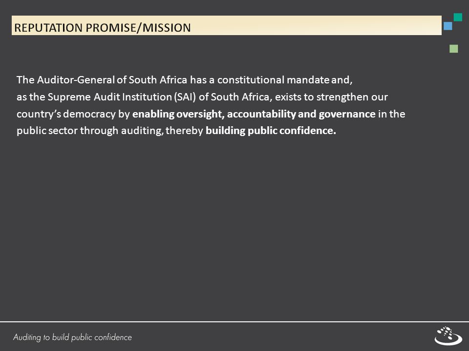 The Auditor-General of South Africa has a constitutional mandate and, as the Supreme Audit Institution (SAI) of South Africa, exists to strengthen our country’s democracy by enabling oversight, accountability and governance in the public sector through auditing, thereby building public confidence.