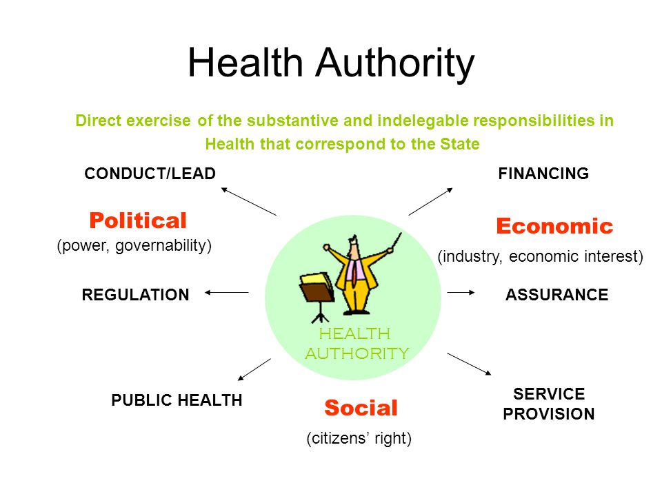 CONDUCT/LEADFINANCING ASSURANCEREGULATION PUBLIC HEALTH SERVICE PROVISION Economic Political Social Direct exercise of the substantive and indelegable responsibilities in Health that correspond to the State HEALTH AUTHORITY (citizens’ right) (power, governability) (industry, economic interest) Health Authority