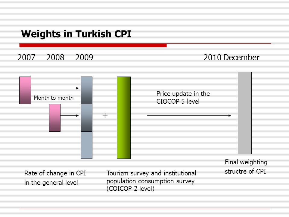Weights in Turkish CPI December Month to month Rate of change in CPI in the general level Price update in the CIOCOP 5 level + Tourizm survey and institutional population consumption survey (COICOP 2 level) Final weighting structre of CPI
