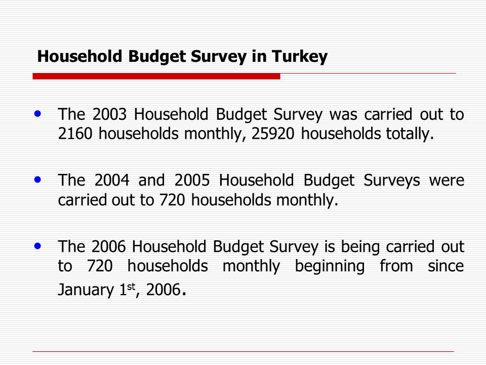Household Budget Survey in Turkey The 2003 Household Budget Survey was carried out to 2160 households monthly, households totally.