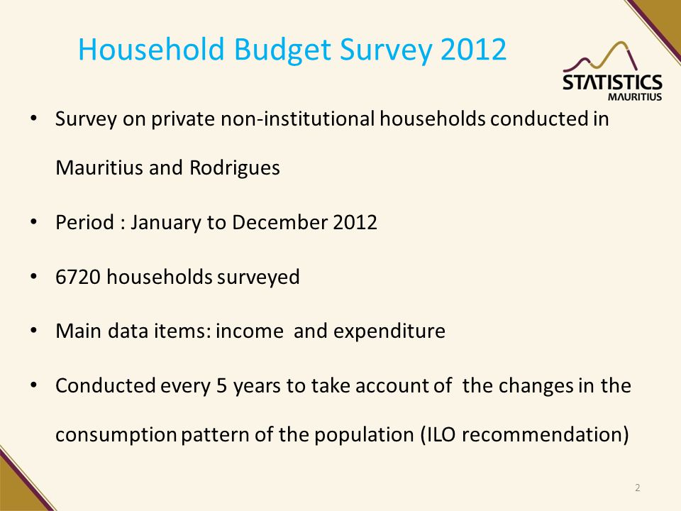 Household Budget Survey 2012 Survey on private non-institutional households conducted in Mauritius and Rodrigues Period : January to December households surveyed Main data items: income and expenditure Conducted every 5 years to take account of the changes in the consumption pattern of the population (ILO recommendation) 2