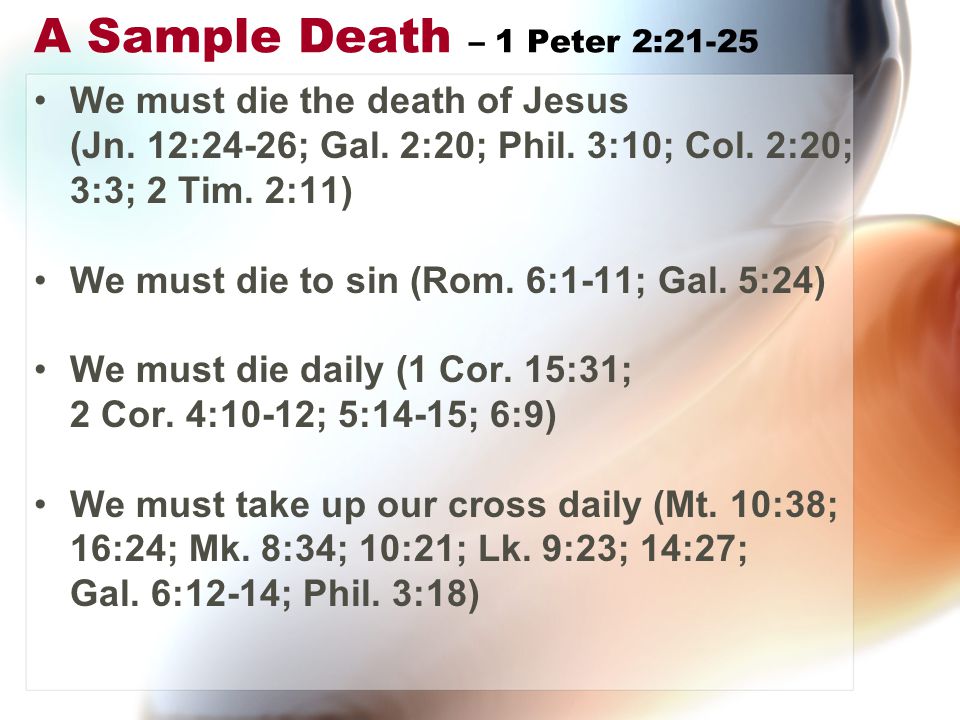 A Sample Death – 1 Peter 2:21-25 We must die the death of Jesus (Jn.