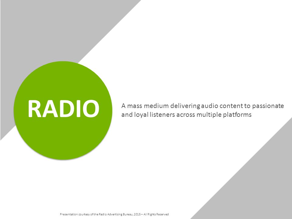 A mass medium delivering audio content to passionate and loyal listeners across multiple platforms RADIO Presentation courtesy of the Radio Advertising Bureau, 2015 – All Rights Reserved