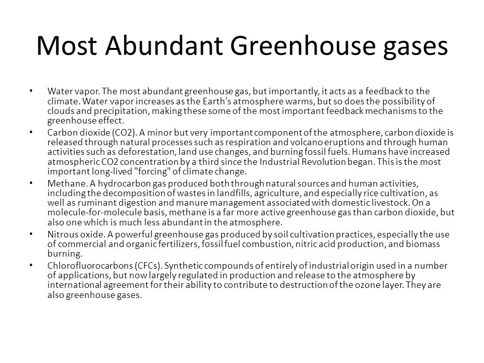 Most Abundant Greenhouse gases Water vapor.