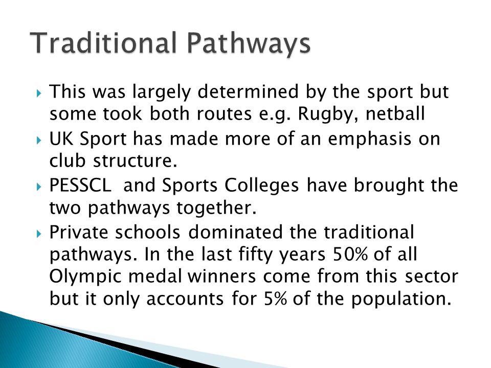  This was largely determined by the sport but some took both routes e.g.