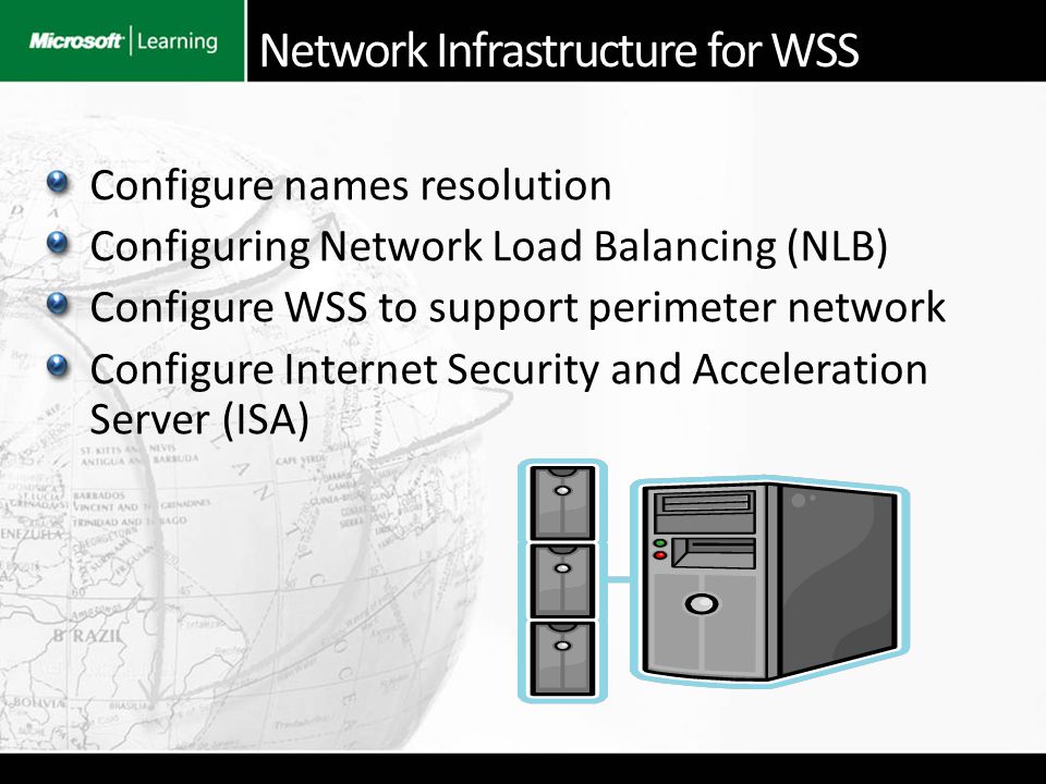 Configure names resolution Configuring Network Load Balancing (NLB) Configure WSS to support perimeter network Configure Internet Security and Acceleration Server (ISA) Network Infrastructure for WSS