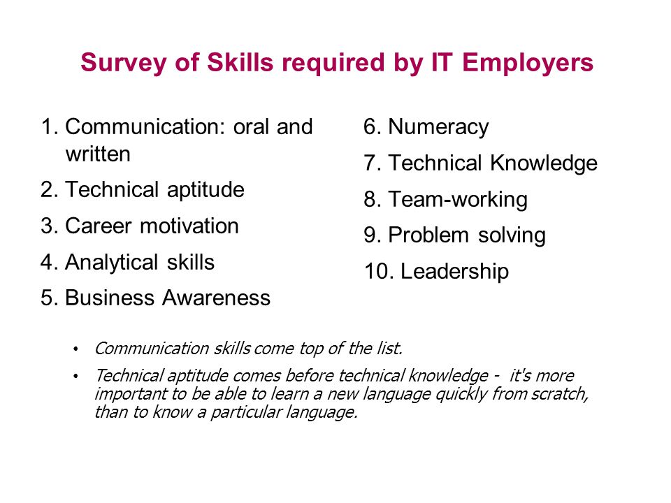 Survey of Skills required by IT Employers 1. Communication: oral and written 2.