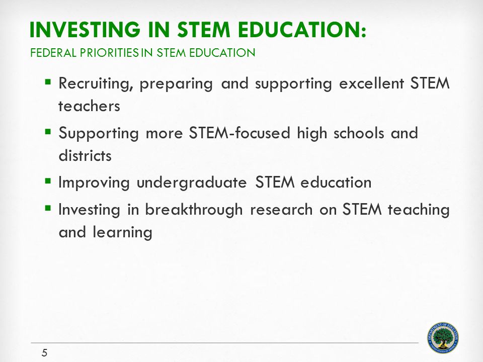 INVESTING IN STEM EDUCATION:  Recruiting, preparing and supporting excellent STEM teachers  Supporting more STEM-focused high schools and districts  Improving undergraduate STEM education  Investing in breakthrough research on STEM teaching and learning 5 FEDERAL PRIORITIES IN STEM EDUCATION