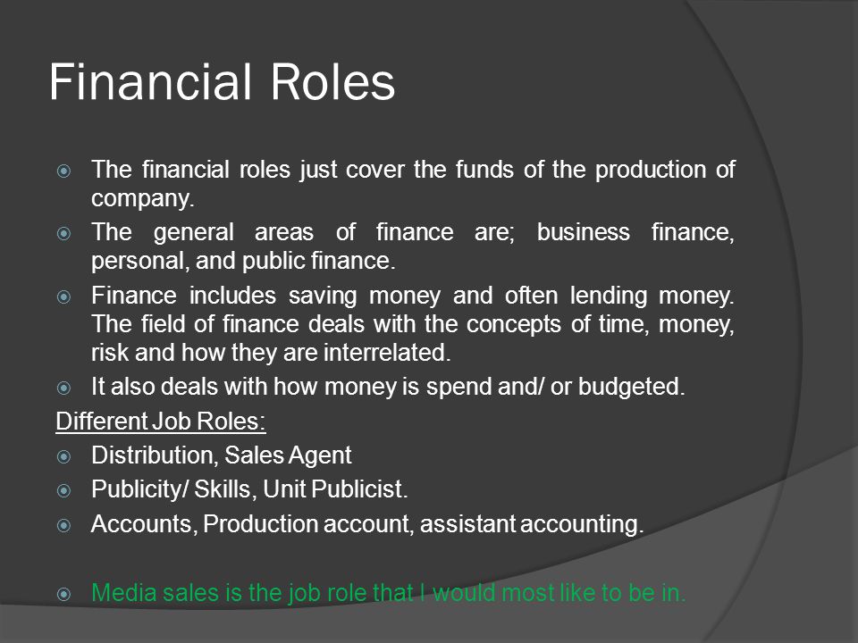 Financial Roles  The financial roles just cover the funds of the production of company.