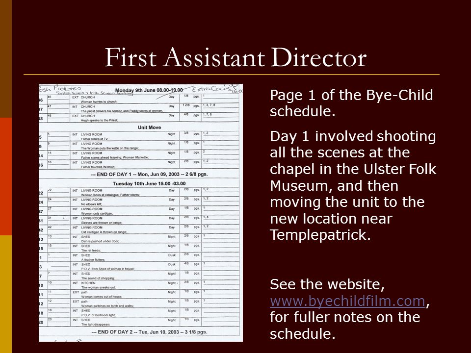 First Assistant Director Page 1 of the Bye-Child schedule.