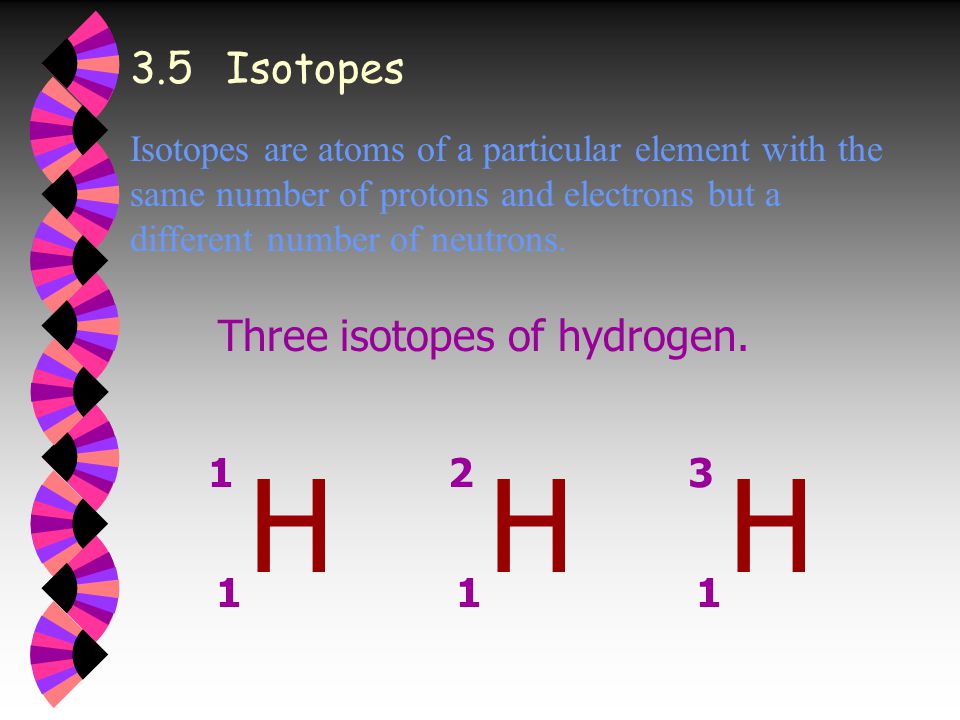 3.5Isotopes Isotopes are atoms of a particular element with the same number of protons and electrons but a different number of neutrons.