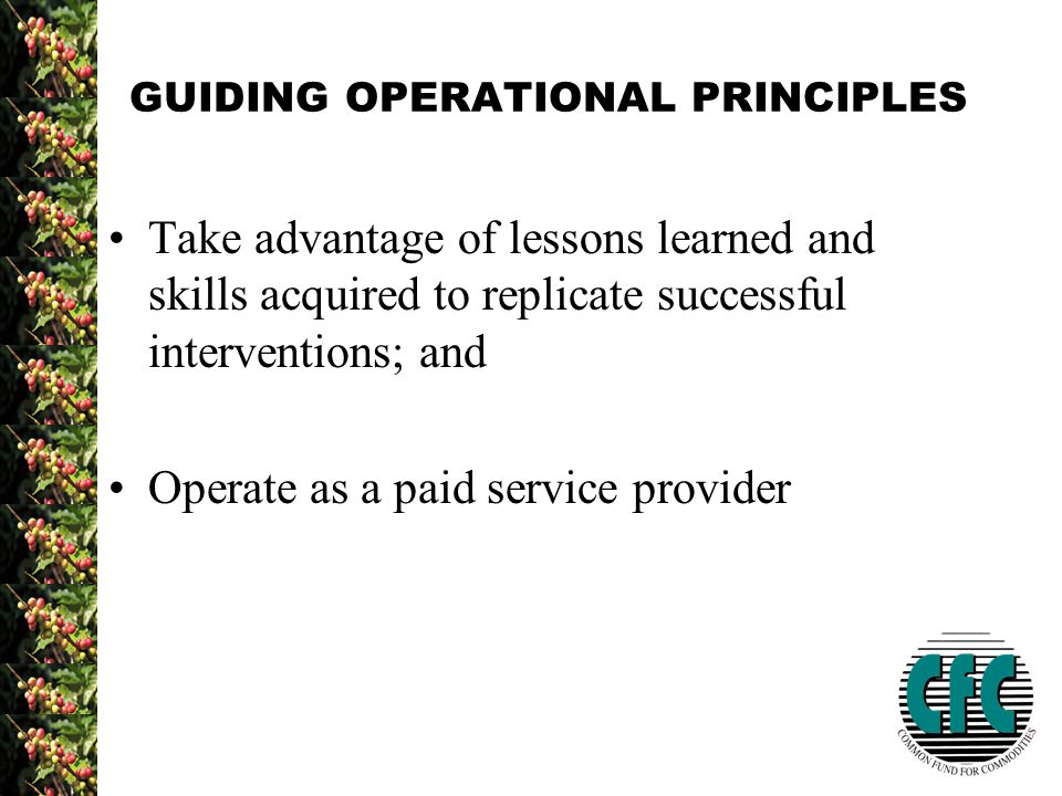GUIDING OPERATIONAL PRINCIPLES Take advantage of lessons learned and skills acquired to replicate successful interventions; and Operate as a paid service provider