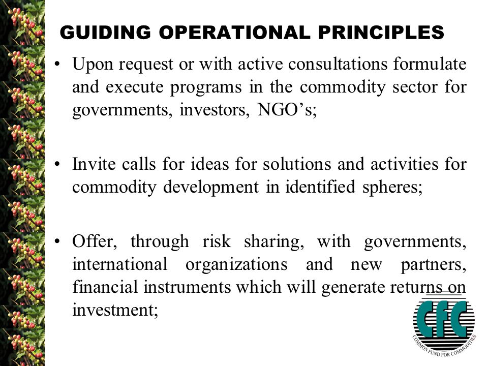 GUIDING OPERATIONAL PRINCIPLES Upon request or with active consultations formulate and execute programs in the commodity sector for governments, investors, NGO’s; Invite calls for ideas for solutions and activities for commodity development in identified spheres; Offer, through risk sharing, with governments, international organizations and new partners, financial instruments which will generate returns on investment;