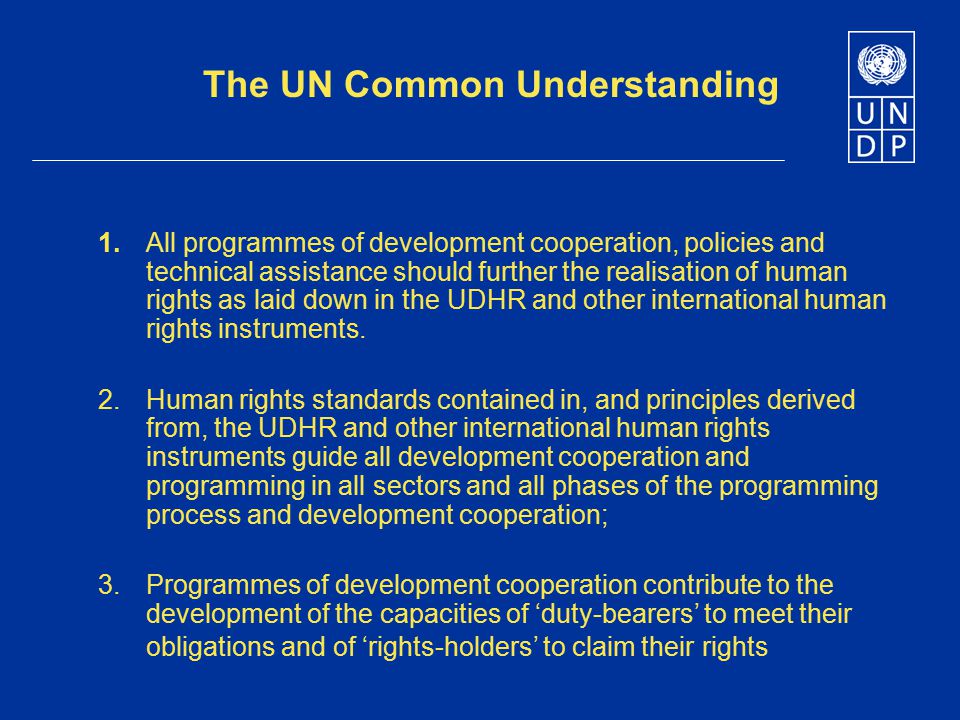1.All programmes of development cooperation, policies and technical assistance should further the realisation of human rights as laid down in the UDHR and other international human rights instruments.