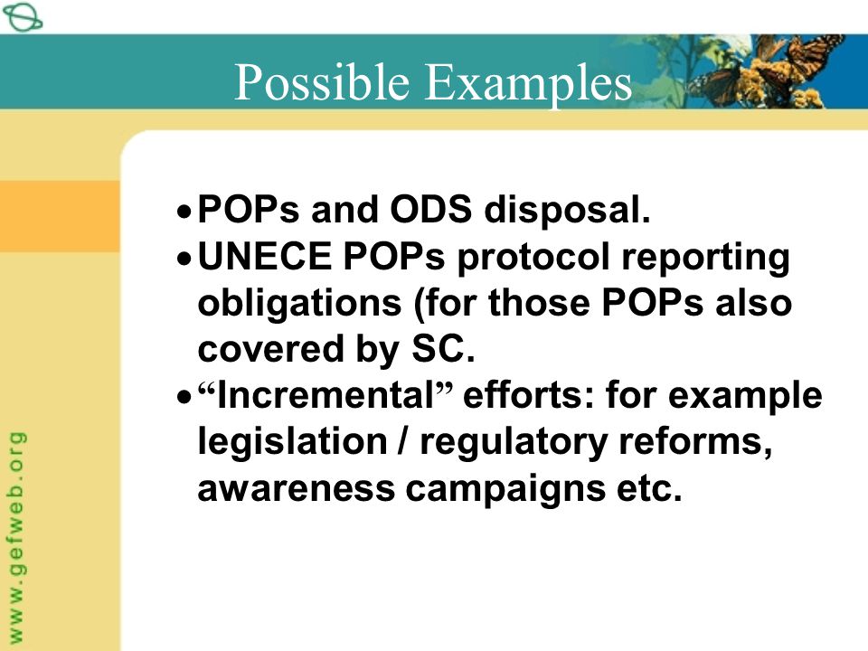 Possible Examples  POPs and ODS disposal.