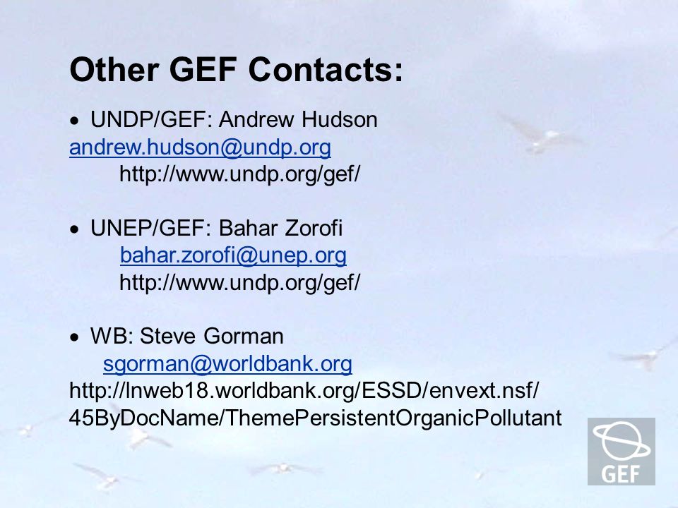  UNDP/GEF: Andrew Hudson     UNEP/GEF: Bahar Zorofi    WB: Steve Gorman   45ByDocName/ThemePersistentOrganicPollutant Other GEF Contacts: