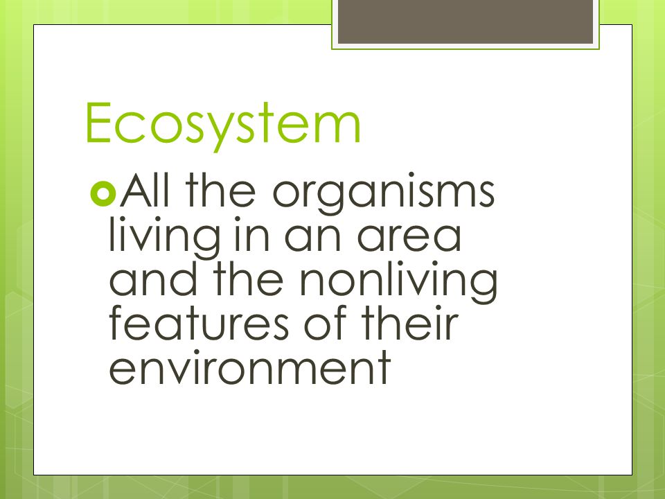 Ecosystem  All the organisms living in an area and the nonliving features of their environment