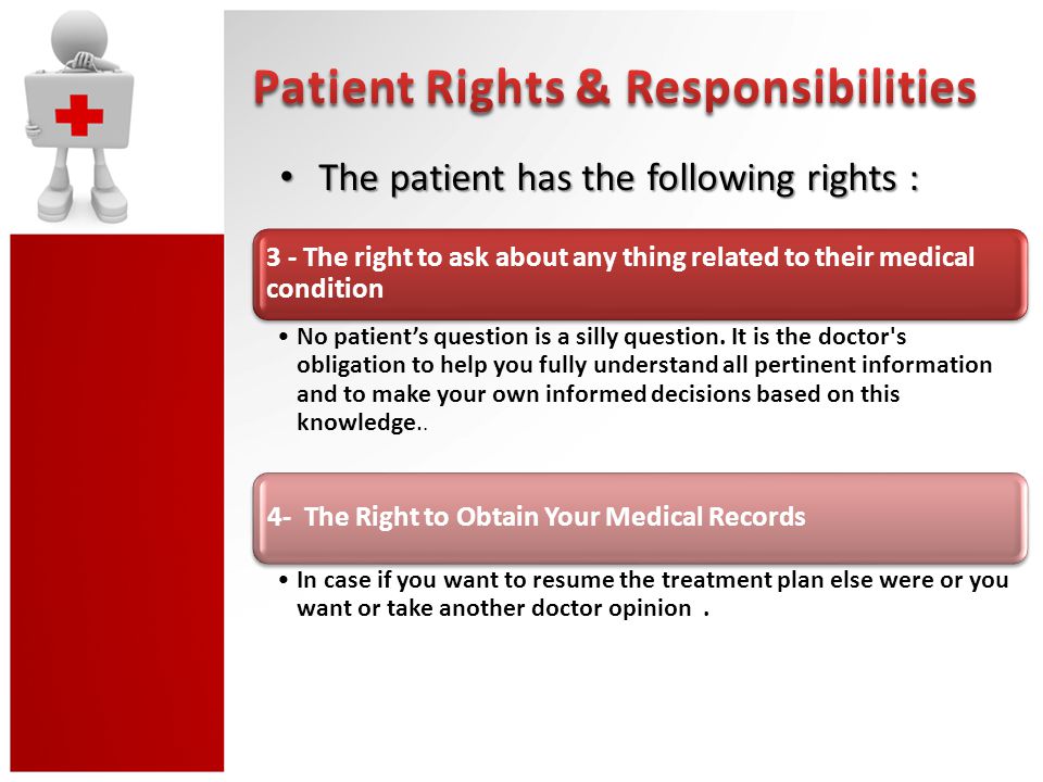 The patient has the following rights : The patient has the following rights : 3 - The right to ask about any thing related to their medical condition No patient’s question is a silly question.