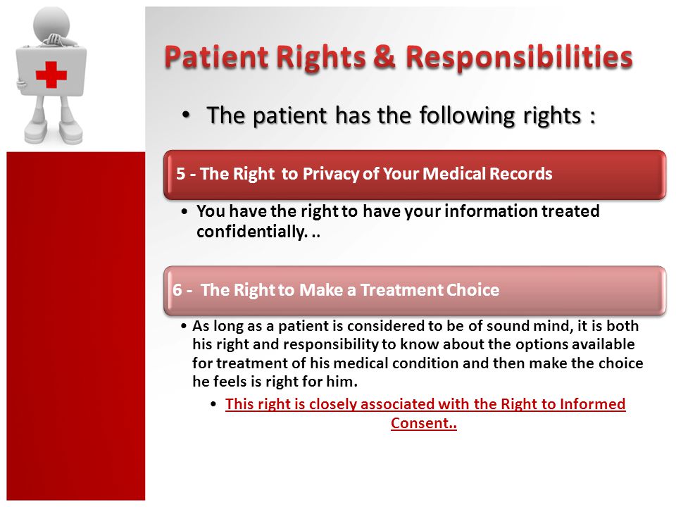 The patient has the following rights : The patient has the following rights : 5 - The Right to Privacy of Your Medical Records You have the right to have your information treated confidentially...