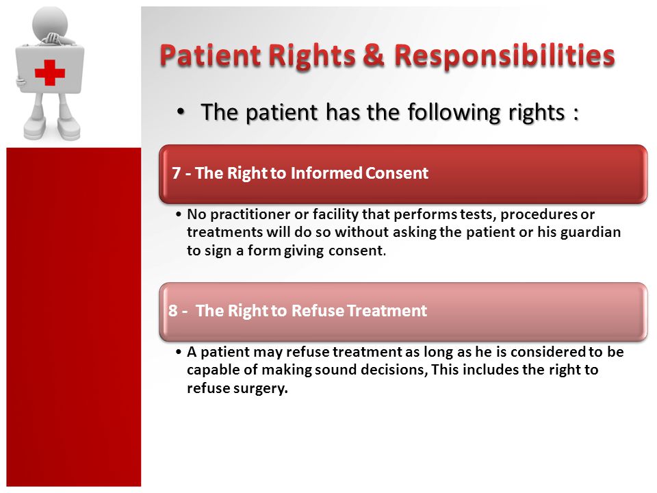 The patient has the following rights : The patient has the following rights : 7 - The Right to Informed Consent No practitioner or facility that performs tests, procedures or treatments will do so without asking the patient or his guardian to sign a form giving consent.