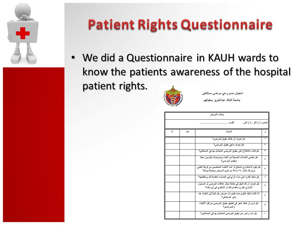 We did a Questionnaire in KAUH wards to know the patients awareness of the hospital patient rights.