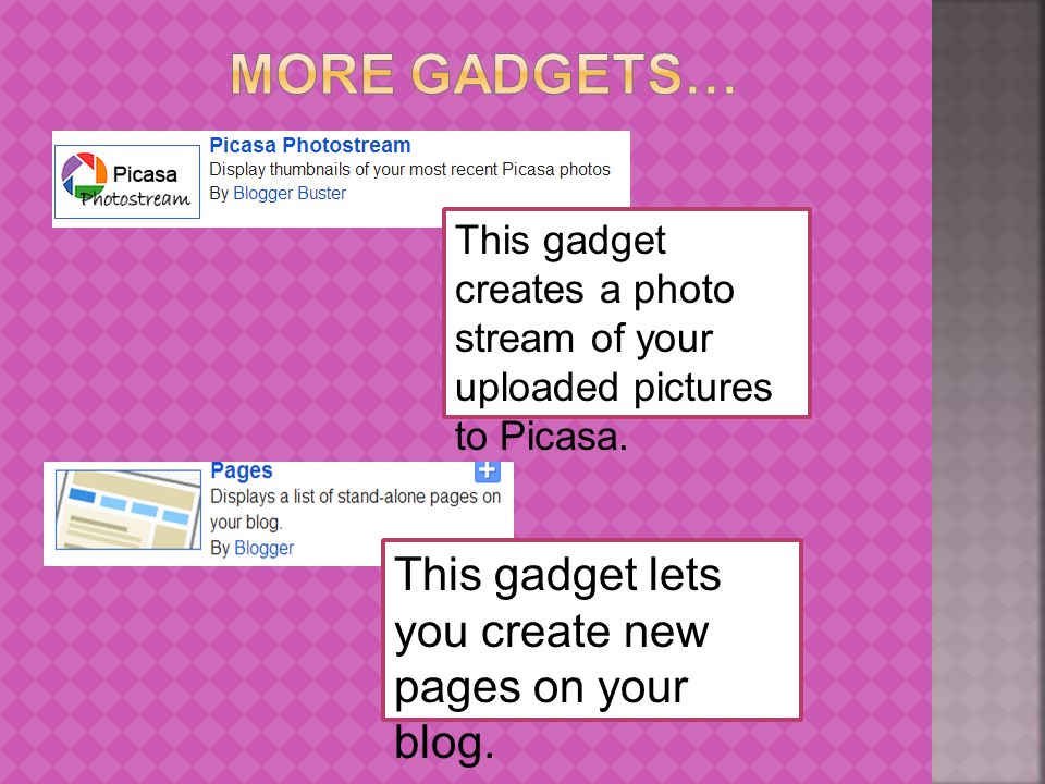 This gadget creates a photo stream of your uploaded pictures to Picasa.