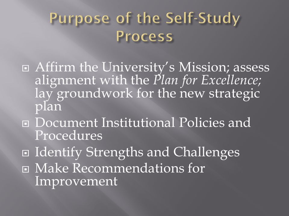  Affirm the University’s Mission; assess alignment with the Plan for Excellence; lay groundwork for the new strategic plan  Document Institutional Policies and Procedures  Identify Strengths and Challenges  Make Recommendations for Improvement
