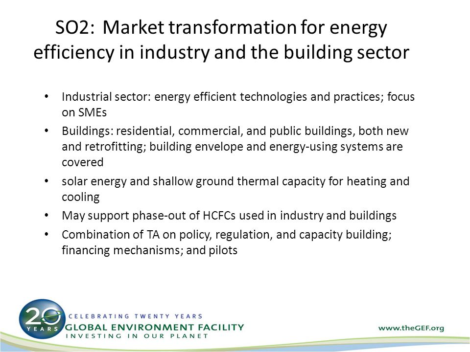 SO2:Market transformation for energy efficiency in industry and the building sector Industrial sector: energy efficient technologies and practices; focus on SMEs Buildings: residential, commercial, and public buildings, both new and retrofitting; building envelope and energy-using systems are covered solar energy and shallow ground thermal capacity for heating and cooling May support phase-out of HCFCs used in industry and buildings Combination of TA on policy, regulation, and capacity building; financing mechanisms; and pilots